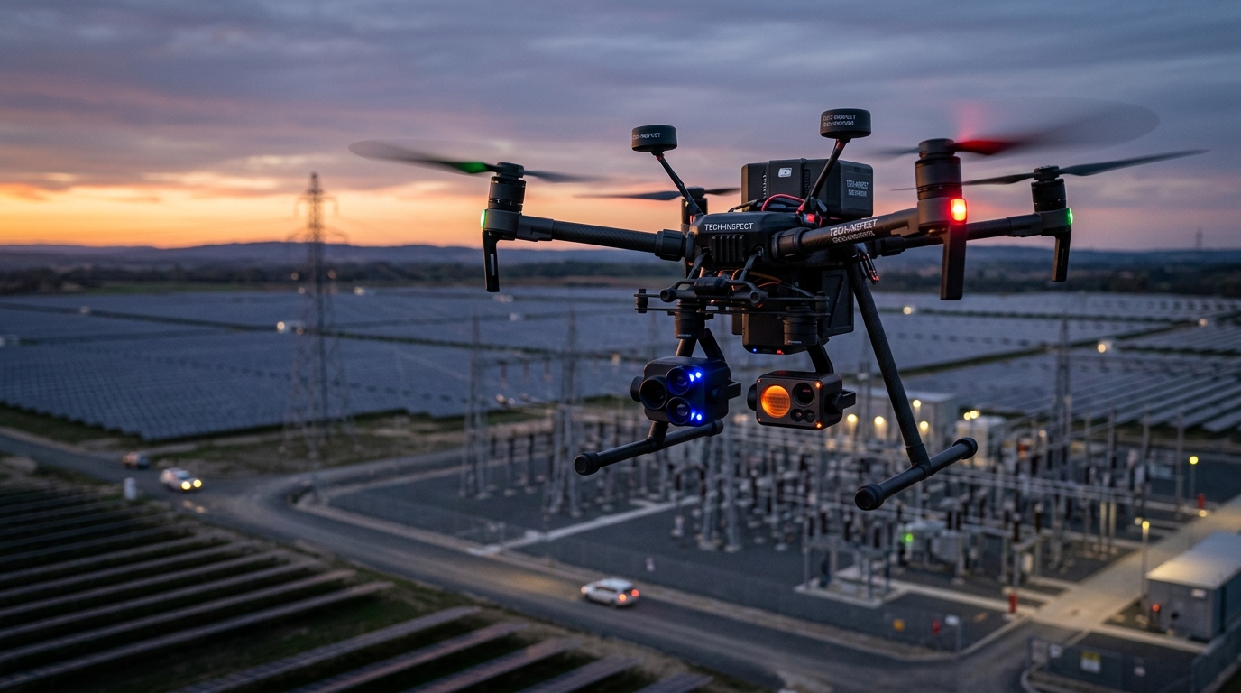 Commercial drone flying over a site at dusk